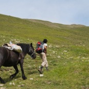 Berger et son cheval ramenant des provisions à sa cabane en montagne, gravissant du dénivelé. Le cheval porte les provisions. Le berger le précede. Vue de trois quart arrière.