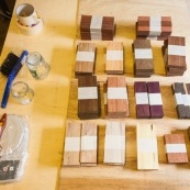 Echantillons de bois de Guyane sur une table.  Amarante, cèdre, balata, saint martin rouge, bagasse, bois seprent, boco, wacapou, manil, gaiac...