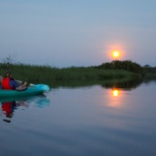 Marais de Kaw en Guyane au leve du soleil. En canoe et en kayaks. Lune en arriere plan. Leve de lune.