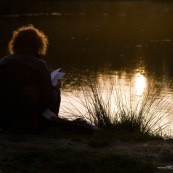 Jeune femme lisant, ‡ la nuit tombante, au bord d'une mare entourant le Parc du HÈron (parc urbain autour du lac du hÈron) ‡ Villeneuve d'Ascq. 

Vue de dos, livre ouvert, soleil se reflÈtant dans l'eau de la mare.