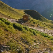 Vue du dessus, cabane de berger le matin, le chien de berger (patou) emmËne le troupeau de brebis vers les paturages. Dans les Alpes, montagnes en arriËre plan.