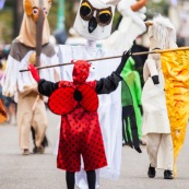 Carnaval de Guyane. Parade du littoral à Kourou. Deguisement. Touloulou. Masques. Costumes. Marionnettes. Diables rouges. Noir marron. Neg marron. Balayseuses.