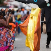 Carnaval de Guyane. Parade du littoral à Kourou. Deguisement. Touloulou. Masques. Costumes. Marionnettes. Diables rouges. Noir marron. Neg marron. Balayseuses.