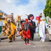 Carnaval de Guyane. Parade du littoral à Kourou. Deguisement. Touloulou. Masques. Costumes. Marionnettes. Diables rouges. Noir marron. Neg marron. Balayseuses.