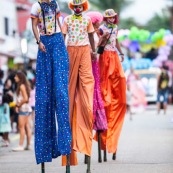 Carnaval de Guyane. Parade du littoral à Kourou. Deguisement. Touloulou. Masques. Costumes. Marionnettes. Diables rouges. Noir marron. Neg marron. Balayseuses.