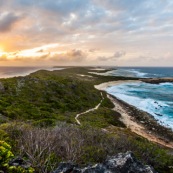 Guadeloupe. Pointe des chateaux au coucher du soleil. Paysage. Bord de mer.