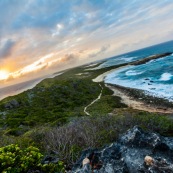 Guadeloupe. Pointe des chateaux au coucher du soleil. Paysage. Bord de mer.