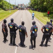 Crise sociale en Guyane. 4 avril 2017. Manifestation à Kourou, aux pieds du CSG (Centre Spatial Guyanais).