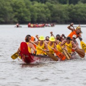 Course de pirogue en Guyane a Montsinery tonnegrande. P12 et P4 (12 places et 4 places). Organise par le club de canoe kayak et pirogue de Cayenne (ASPAG). Deguisements des equipages.