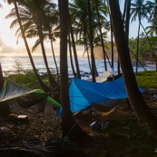 Guyane. Vestiges du bagne. Iles du salut. Ile saint joseph : camping avec hamacs.