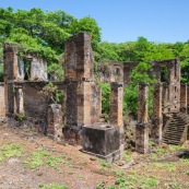 Guyane. Vestiges du bagne. Iles du salut. Ile royale : ruines, phare, hospital.