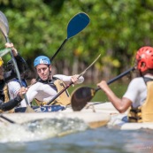 Kayak polo sur le lac saccharin pres du Rorota en Guyane Francaise (Remire Montjoly). Sport d'equipes avec ballon en Kayak. En exterieur. Terrain. Entrainement avec Franck Besson, champion du monde de la discipline.