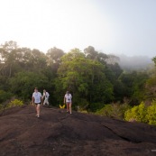 Savane roche en Guyane, pres de la roche canari zozo vers l'Oyapock. Le matin au lever du soleil. Touristes, randonneurs. Tourisme vert.