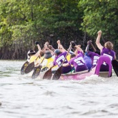 Course de pirogue en Guyane a Montsinery tonnegrande. P12 et P4 (12 places et 4 places). Organise par le club de canoe kayak et pirogue de Cayenne (ASPAG). Deguisements des equipages.