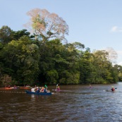 Kayak polo a saut maripa du cote de Saint Georges de l'Oyapock. Organise par le club Tukus. Sport d'équipe avec ballon. Jeunes.