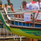 Competition de pirogue a Kourou (Guyane francaise) : les maitres de la pagaie. Sur le lac bois chaudat. Pirogue : P12 (12 places).