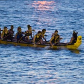 Competition de pirogue a Kourou (Guyane francaise) : les maitres de la pagaie. Sur le lac bois chaudat. Pirogue : P12 (12 places).