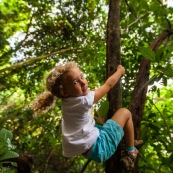 Guyane. Jeune fille enfant en train de grimper sur un arbre en foret tropicale amazonienne.