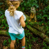 Guyane. Jeune fille avec un singe (saimiri ou singe ecureuil) sur l'ilet la mère.  Foret tropicale amazonienne. Saimiri sciureus