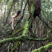 Jeune femme nue dans la foret tropicale amazonienne. Guyane. Nu artistique. Mangrove. Remire Montjoly sentier des salines.