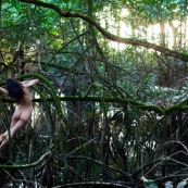 Jeune femme nue dans la foret tropicale amazonienne. Guyane. Nu artistique. Mangrove. Remire Montjoly sentier des salines.