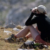 Randonneuse (randonneur) en montagne, femme observant la faune locale avec des jumelles, de trois quart dos, assise sur le sol en montagne. Recherche de chamois ou autres animaux. Observation en milieu naturel. 

Parc National des Abruzzes (Parco Nationale díAbruzzo, Lazio e Molise), Italie.