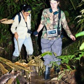 Femme realisant de la prise de son en foret tropicale amazonienne. Dans une zone innondée, en bottes.