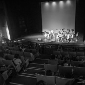 Spectacle a l'encre pour les enfants handicapes. Association EMEGA. Salle de spectacle. Danse. trisomie. Fauteuil roulant. Clown. Musique. Discours. Enfants et jeunes en situation de handicap.  Fauteuils roulants.