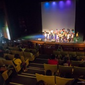 Spectacle a l'encre pour les enfants handicapes. Association EMEGA. Salle de spectacle. Danse. trisomie. Fauteuil roulant. Clown. Musique. Discours. Enfants et jeunes en situation de handicap.  Fauteuils roulants.