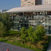 Espace vert non entretenu. Des passants ‡ pied sur la place. Visuel sur la gare Lille Europe en arriËre plan. Coin de verdure en ville. Place avec espaces verts. Une personne assise sur un rebord.